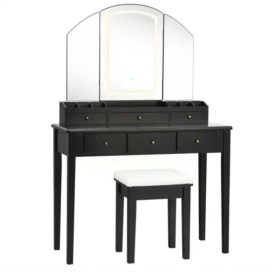 Vanity Table Stool Set with Large Tri-folding Lighted Mirror Black {4}
