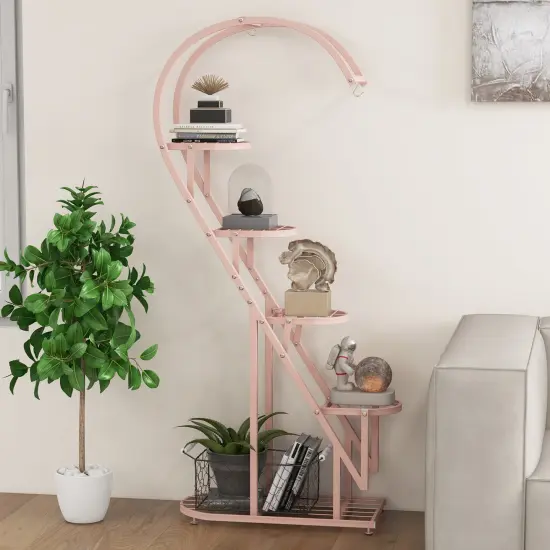 5 Tier Metal Plant Stand With Hanging Hook For Multiple Plants Pink {2}