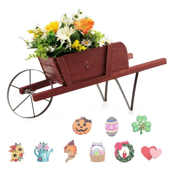 Wooden Wagon Planter With 9 Magnetic Accessories For Garden Yard Red {6}