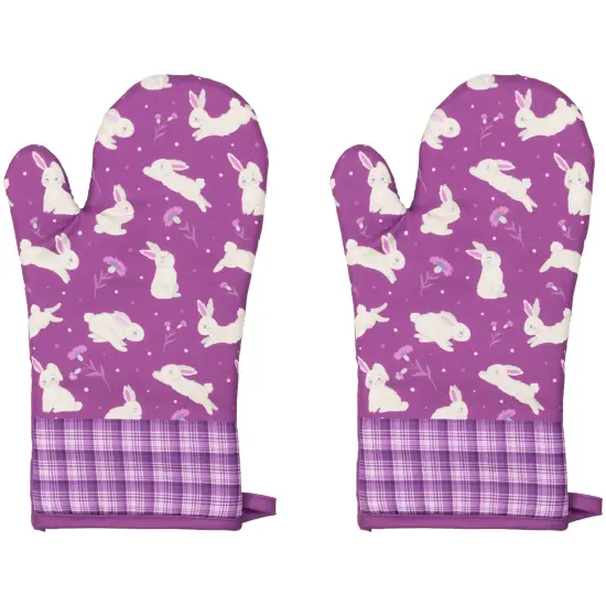 Northlight Hopping Bunnies Plaid Easter Kitchen Oven Mitts - 13.75" - Purple - Set of 2 {1}