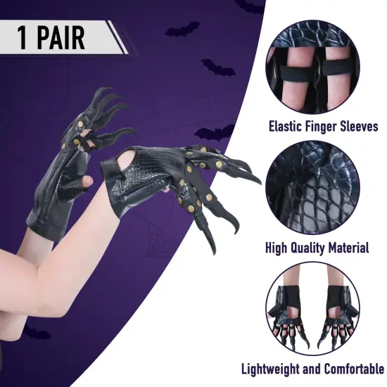 Faux Leather Claw Gloves - Black Lizard Skin Scary Leather Hand Glove Animal Claws for Women and Kids {6}