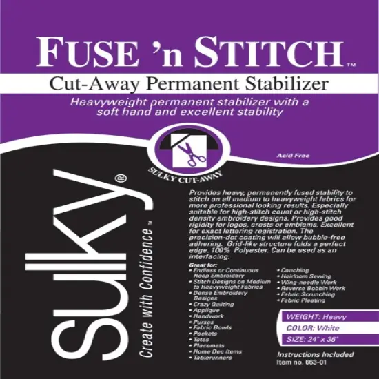 Sulky Fuse 'n Stitch Cut-Away Permanent Stabilizer-24"X36" {1}