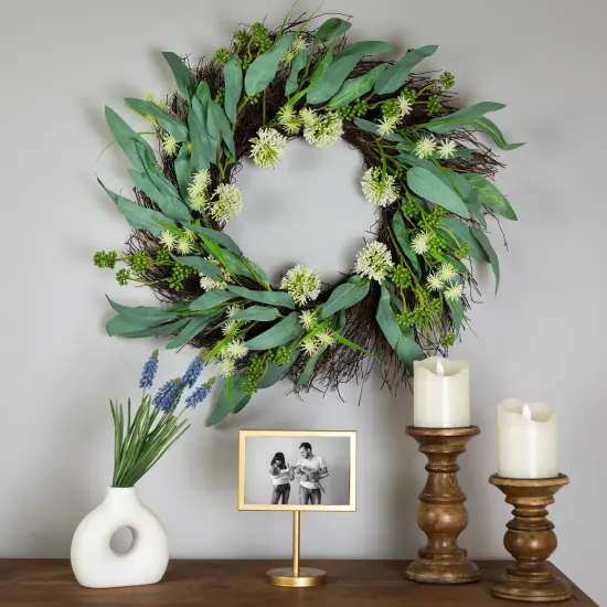 Northlight Eucalyptus and Sweet Gum Flowers Twig Spring Wreath - 24" - Green and White {3}