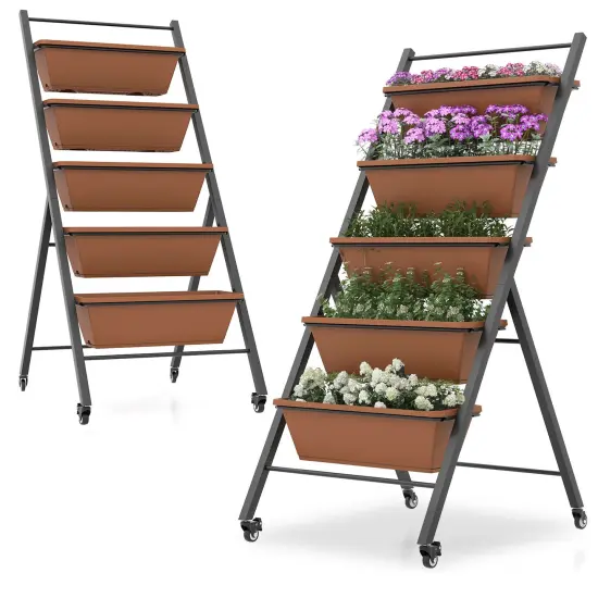 5-Tier Vertical Raised Garden Bed with Wheels and Container Boxes-Brown {2}