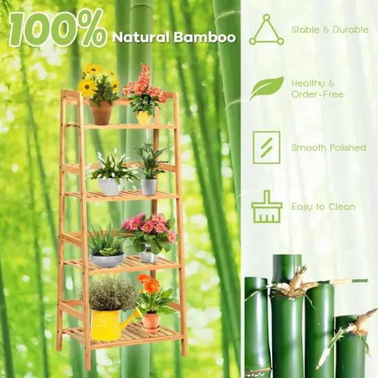 4-Tier Bamboo Plant Rack with Guardrails Stable and Space-Saving {6}