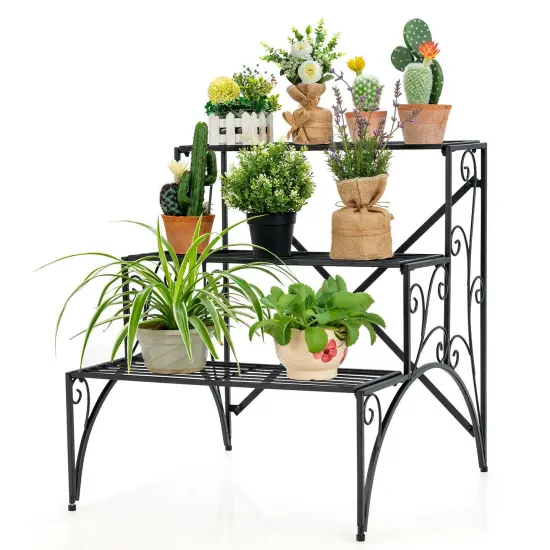 3 Tier Stair Style Metal Plant Stand Garden Shelf Flower Pot Display Rack-Black {2}