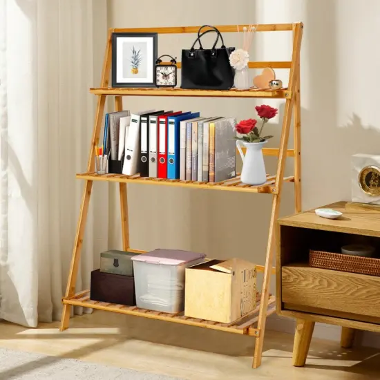 3-Tier Wicker Foldable Plant Stand with Display Shelf Rack {3}