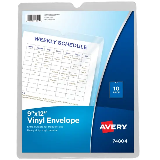 Avery File Envelopes, 9" x 12" Travel Document Organizer, Holds up to 60 Sheet, 10 Vinyl Envelopes (74804) Clear {1}