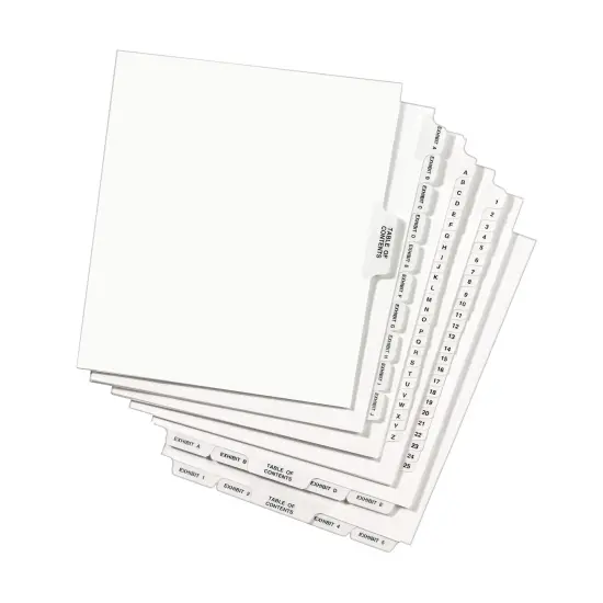 Avery Legal Exhibit Binder Dividers, Preprinted EXHIBIT 1-25 and Table of Contents Bottom Tabs, Unpunched Letter Size, 1 Set Collated, 4 Sets per Pack (11378) {9}