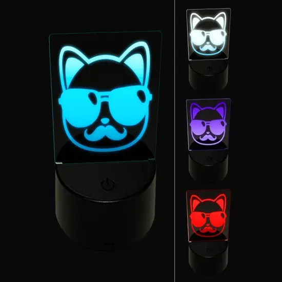 Cool Cat with Sunglasses and Mustache 3D Illusion LED Night Light Sign Nightstand Desk Lamp {1}