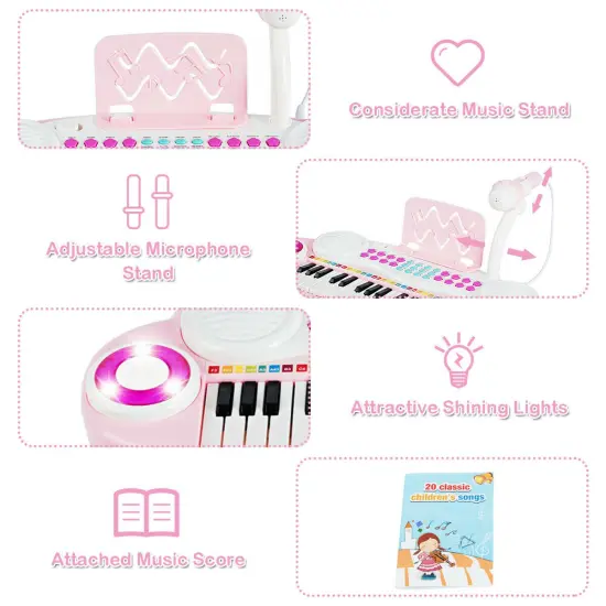 37-Key Electronic Piano with Microphone, Music Score and USB Pink {6}