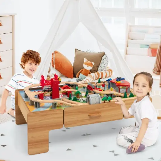 Kids Double-Sided Wooden Train Table Playset with Storage Drawer {2}