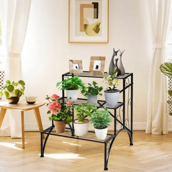 3-Tier Metal Plant Rack Garden Shelf in Stair Style {2}