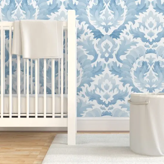 Pre-Pasted Wallpaper 2FT Wide Watercolor Damask Botanical Floral Light Blue Monochrome Classic Baroque Acanthus Leaf Custom Pre-pasted Wallpaper by Spoonflower {7}