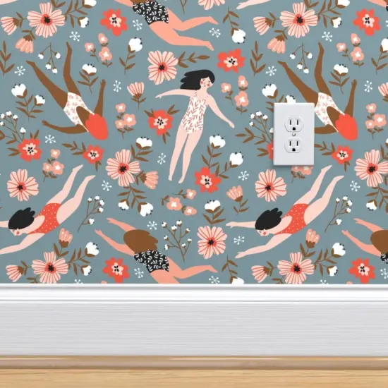 Pre-Pasted Wallpaper 2FT Wide Ditsy Floral Whimsical Swim Beach Lake Summer Feminine Small Scale Blue Red Custom Pre-pasted Wallpaper by Spoonflower {4}