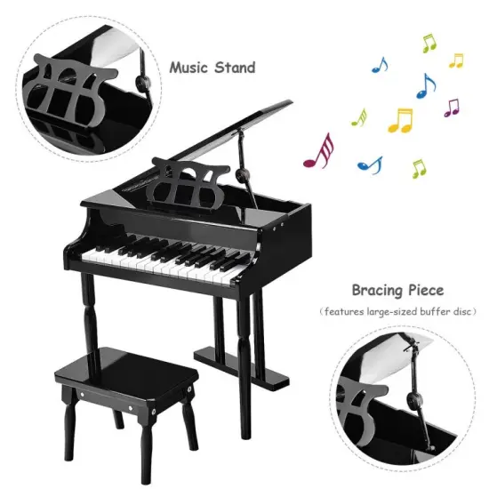 MDF and Birch Kids Classical Piano with Bench, Music Stand and Safe Design Black {6}