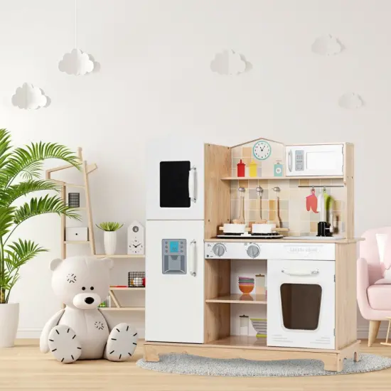 Wooden Kids Pretend Kitchen Playset Cooking Play Toy with Utensils and Sound {4}