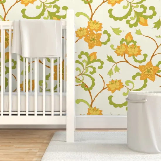 Pre-Pasted Wallpaper 2FT Wide Trailing Floral Orange Chintz Indian Botanical Green Cream Retro Flowers Custom Pre-pasted Wallpaper by Spoonflower {7}