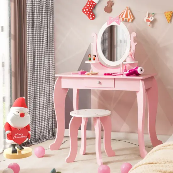 Kid Vanity Table Stool Set with Oval Rotatable Mirror-Pink {5}