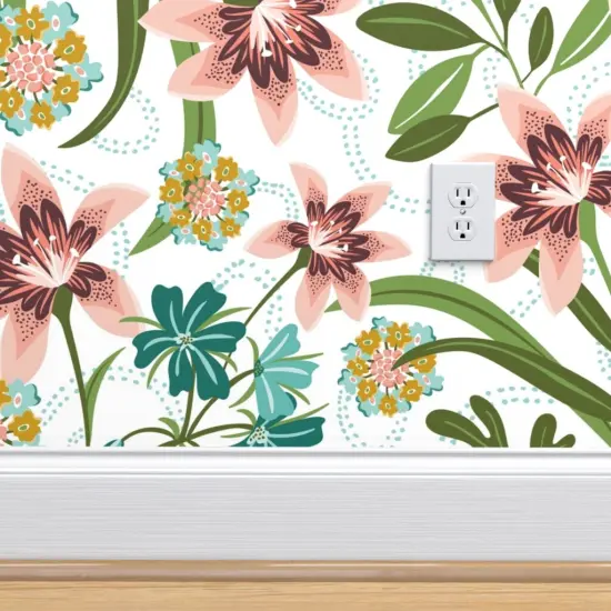 Peel & Stick Wallpaper 2FT Wide Boho Tropical Multicolor Flowers Modern Botanical Lily Lilies Summer Tiger Pink Custom Removable Wallpaper by Spoonflower {4}