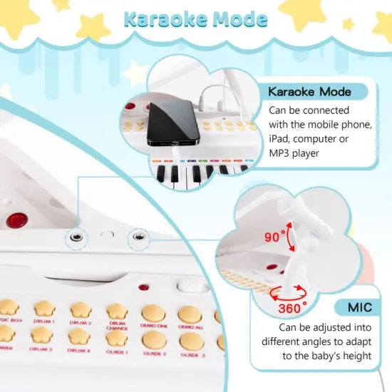 31 Keys Kids Piano Keyboard with Stool and Piano Lid White {5}