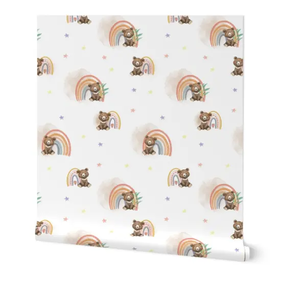 Peel & Stick Wallpaper 2FT Wide Woodland Nursery Cute Bears Watercolor Rainbow Kids Forest Animals Baby Stars Custom Removable Wallpaper by Spoonflower {7}