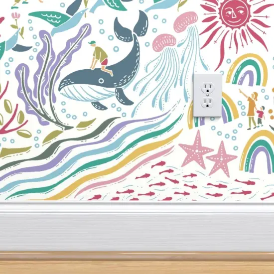 Pre-Pasted Wallpaper 2FT Wide Under The Sea Blue Pink Purple Whale Sun Sea Creatures Custom Pre-pasted Wallpaper by Spoonflower {4}