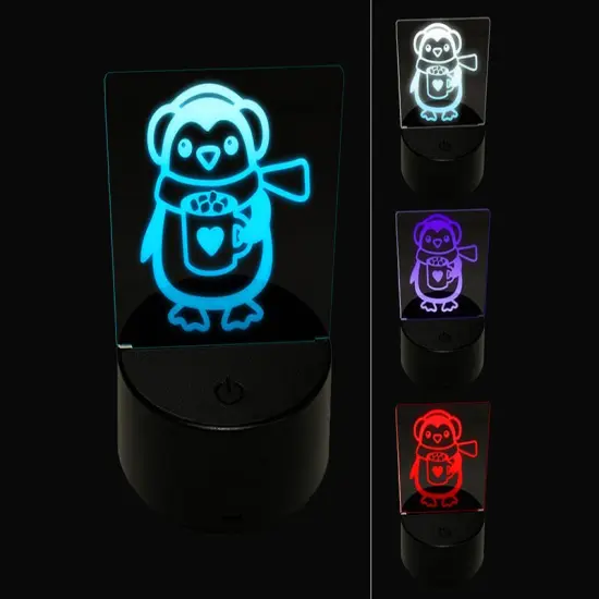 Winter Penguin with Hot Chocolate Heart Mug 3D Illusion LED Night Light Sign Nightstand Desk Lamp {1}