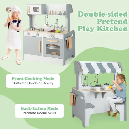 Double Sided Kids Pretend Kitchen Playset with 2-Seat Cafe-grey {6}