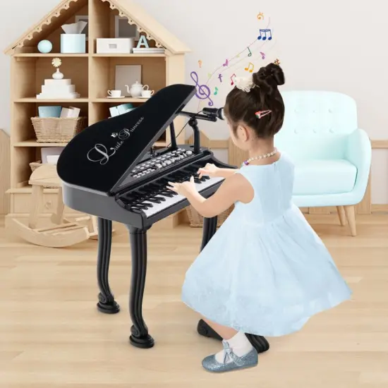 37 Keys Kids Piano Keyboard with Stool and Piano Lid Black {4}