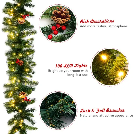 9 Feet Pre-lit Artificial Christmas Garland Red Berries with LED {6}