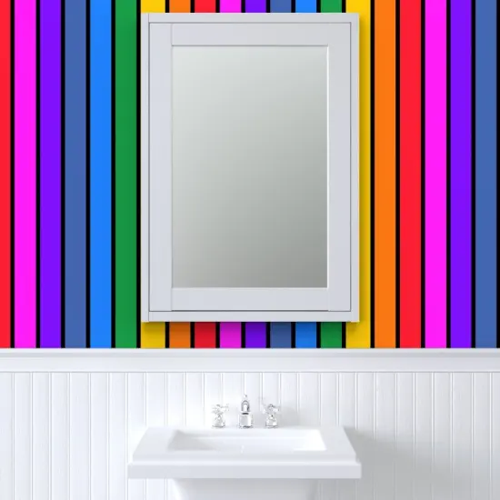 Pre-Pasted Wallpaper 2FT Wide Rainbow Vertical Stripe Bright Black Striped Large Scale Dopamine Home Pride Lgbtqia Custom Pre-pasted Wallpaper by Spoonflower {6}