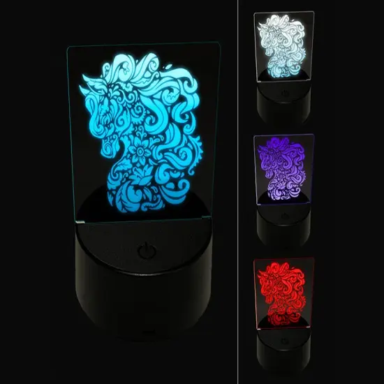 Floral Horse with Flowing Mane Swirls 3D Illusion LED Night Light Sign Nightstand Desk Lamp {1}