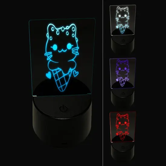 Yummy Ice Cream Cone Cat with Sprinkles 3D Illusion LED Night Light Sign Nightstand Desk Lamp {1}