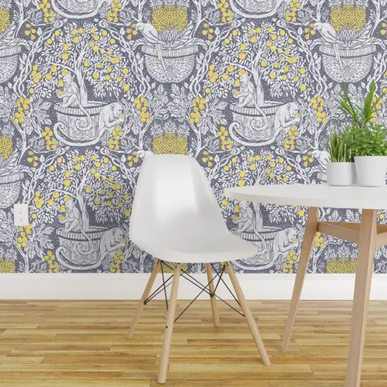 Pre-Pasted Wallpaper 2FT Wide Exotic Damask Tropical Fruit Monkey Parrot Arts And Crafts Lemon Tree Yellow Gray Grey Custom Pre-pasted Wallpaper by Spoonflower {1}