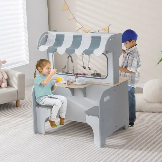 Double Sided Kids Pretend Kitchen Playset with 2-Seat Cafe-grey {5}