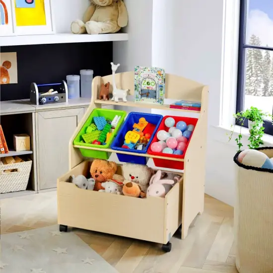 Kids Wooden Toy Storage Unit Organizer with Rolling Toy Box and Plastic Bins Natural {6}