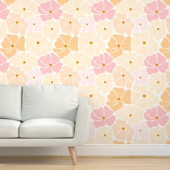 Pre-Pasted Wallpaper 2FT Wide Retro Floral Pink Yellow Orange Pastel Flowers Custom Pre-pasted Wallpaper by Spoonflower {5}