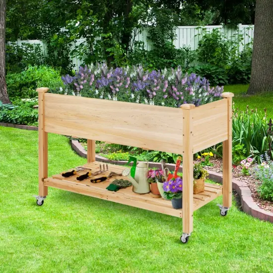 Wood Elevated Planter Bed with Lockable Wheels Shelf and Liner {6}