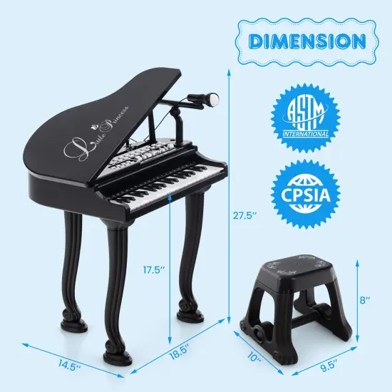 37 Keys Kids Piano Keyboard with Stool and Piano Lid Black {2}