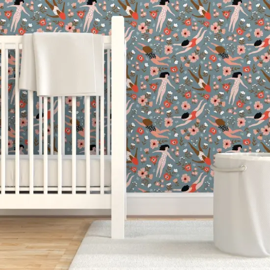 Pre-Pasted Wallpaper 2FT Wide Ditsy Floral Whimsical Swim Beach Lake Summer Feminine Small Scale Blue Red Custom Pre-pasted Wallpaper by Spoonflower {7}