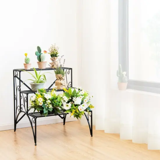 3 Tier Stair Style Metal Plant Stand Garden Shelf Flower Pot Display Rack-Black {4}
