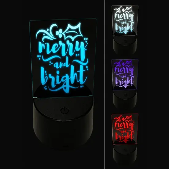 Merry and Bright Christmas with Holly 3D Illusion LED Night Light Sign Nightstand Desk Lamp {1}