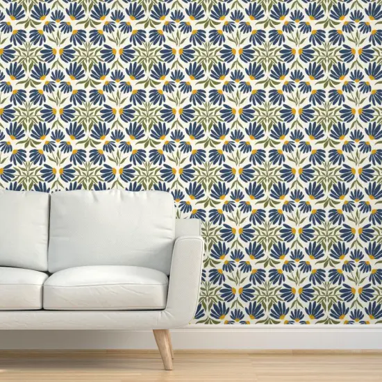 Peel & Stick Wallpaper 2FT Wide Echinacea Botanical Tile Wildflower Blue Yellow Gold Coneflowers Native Species Custom Removable Wallpaper by Spoonflower {5}