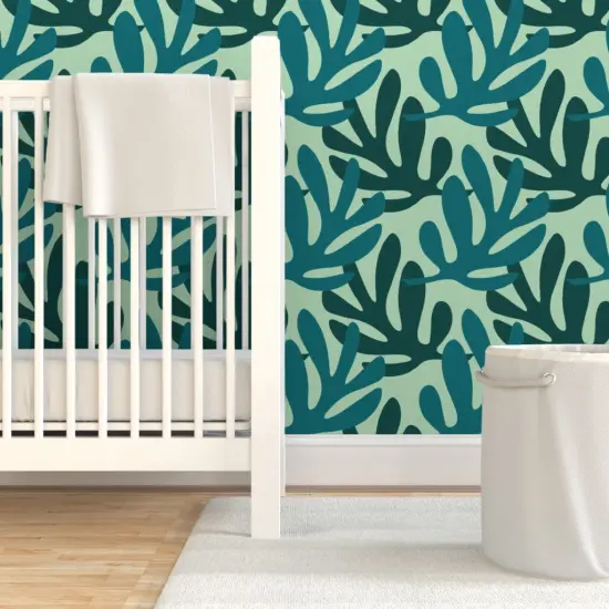 Pre-Pasted Wallpaper 2FT Wide Leaves Silhouette Green Monochrome Plant Botanical Nature Custom Pre-pasted Wallpaper by Spoonflower {7}