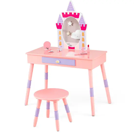 Kids Princess Vanity Table and Stool Set with Drawer and Mirror-Pink {1}