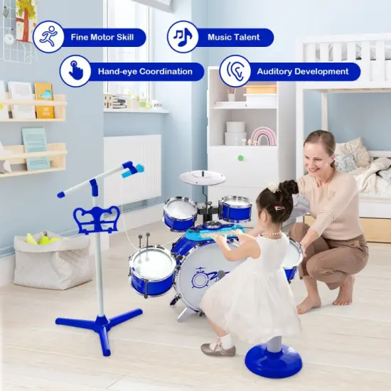 Jazz Drum Musical Instrument Set with Stool and Microphone Stand Ideal for Kids Birthday or Others Occasions Blue {6}