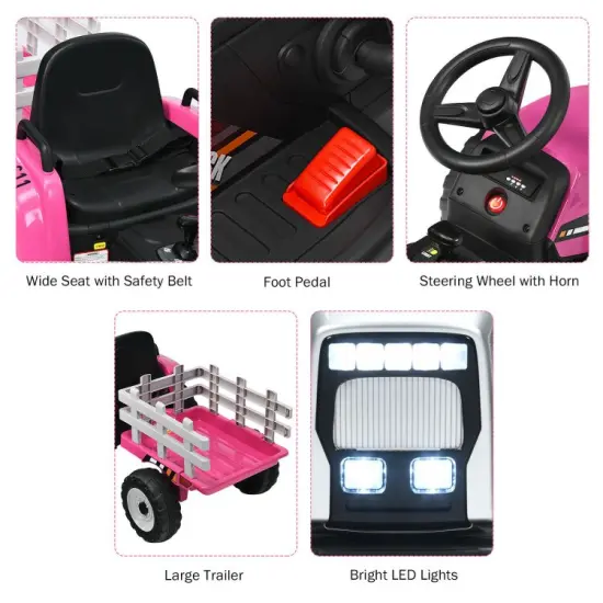 Iron Ride-On Tractor with Trailer, Music and Safety for Kids Pink {6}