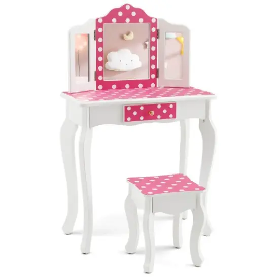 Kids Vanity Table and Stool Set with Cute Polka Dot Print-Pink {1}