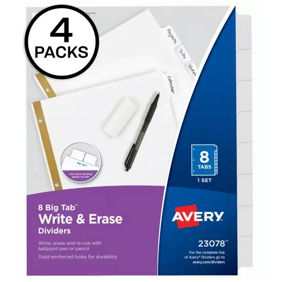Avery Big Tab Write & Erase Dividers, 8 White Tabs, 4 Sets of 23078 {1}